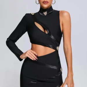 Black One Shoulder Cutout Mini Bandage Dress