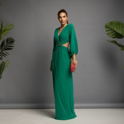 Elegant Emerald Green Cut-Out Maxi Dress with Open Back